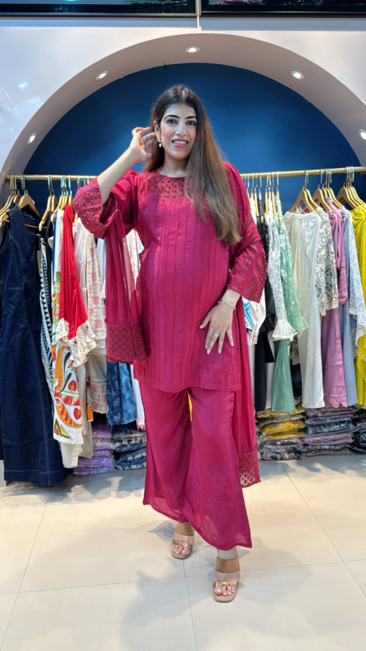 Crepe 3 pc crochet detailing suit with bell bottom pants