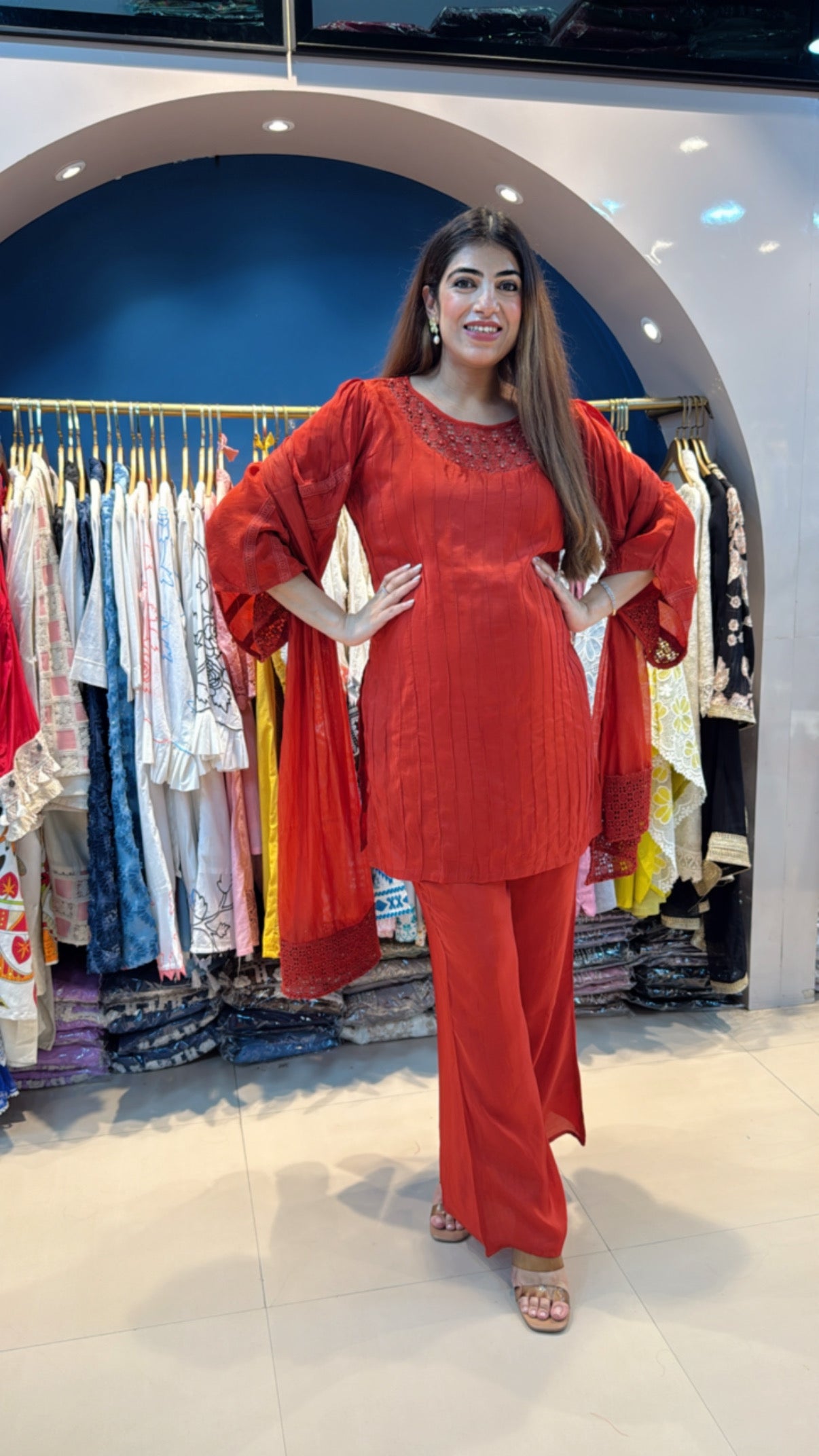 Crepe 3 pc crochet detailing suit with bell bottom pants