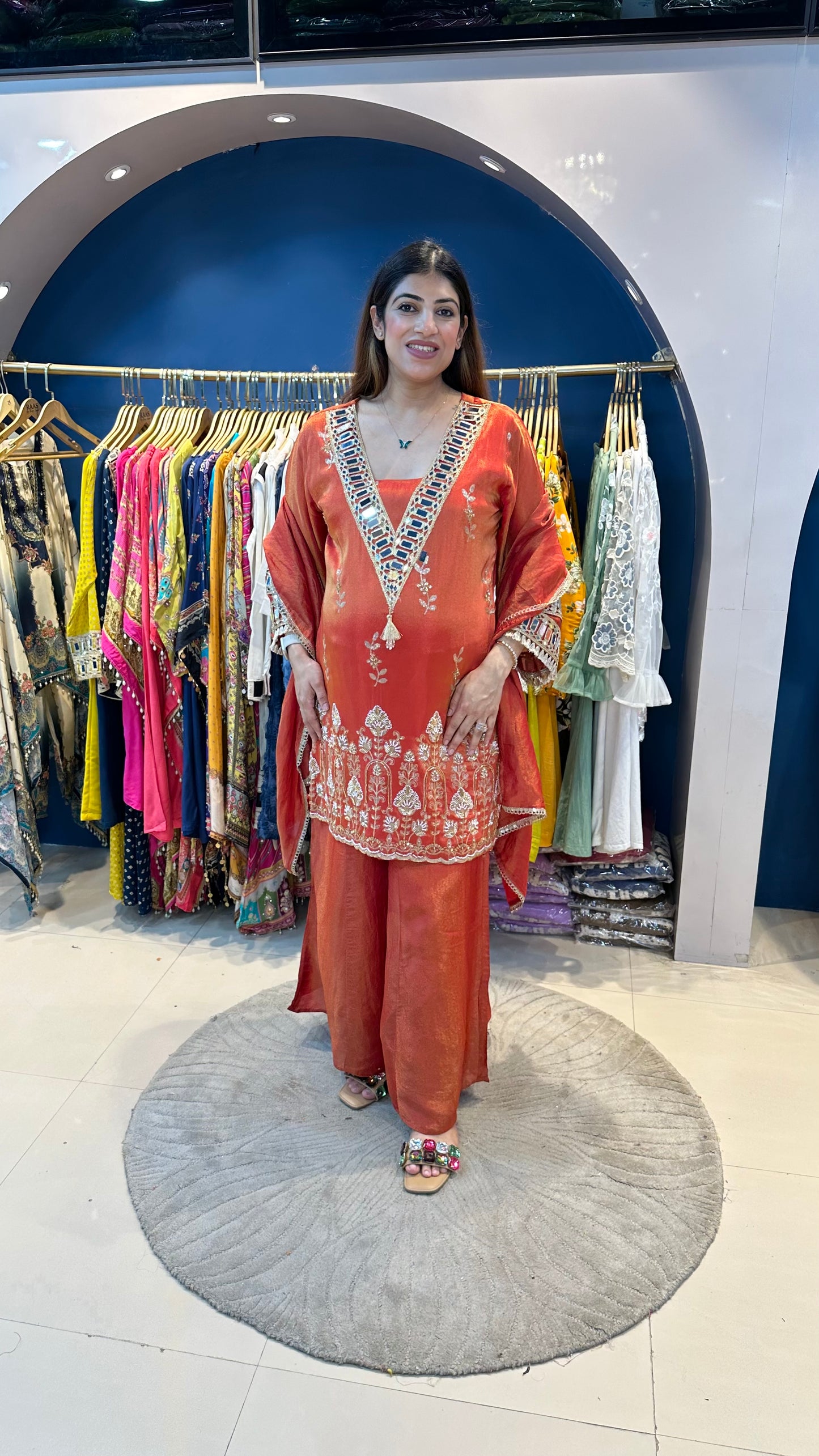 Shimmer tissue partywear 3 pc suit with handwork with mirror detailing on neck & sleeves