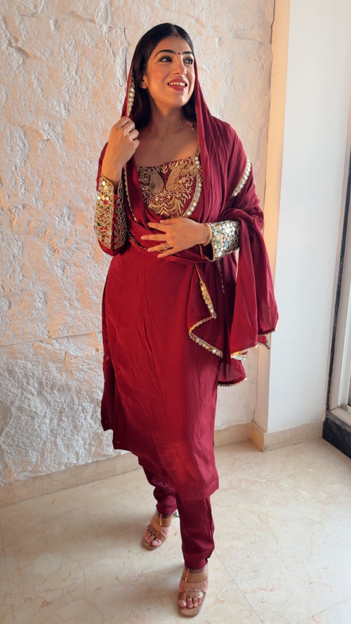 Pure crepe 3 pc suit with complete handwork on neck line and real mirror detailing on sleeves with potli buttons