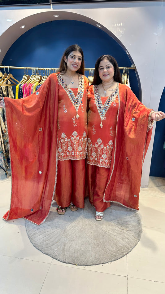 Shimmer tissue partywear 3 pc suit with handwork with mirror detailing on neck & sleeves