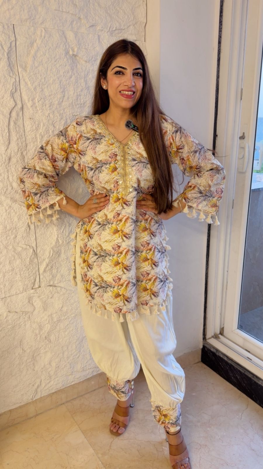 Schiffli cotton shirt with balloon pants