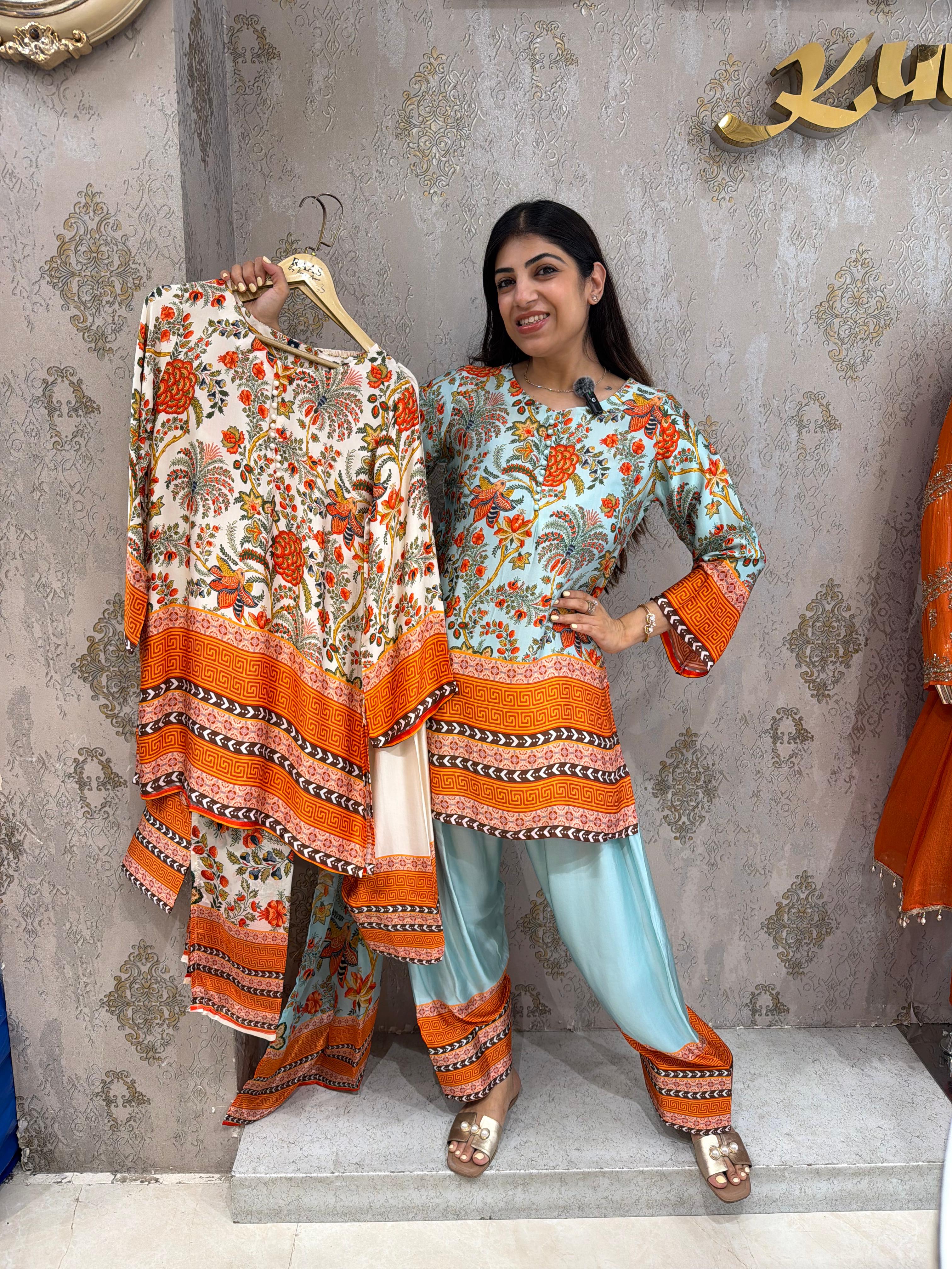 Pure Armani crepe digital print 3pc, set with farshi salwar