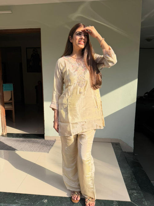 Pure shimmer tissue 2pc, co-ord set with handwork inside cotton lining