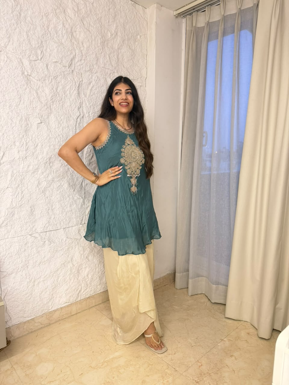 Pure Chinon  sleeves handwork drape skirt indo-western set