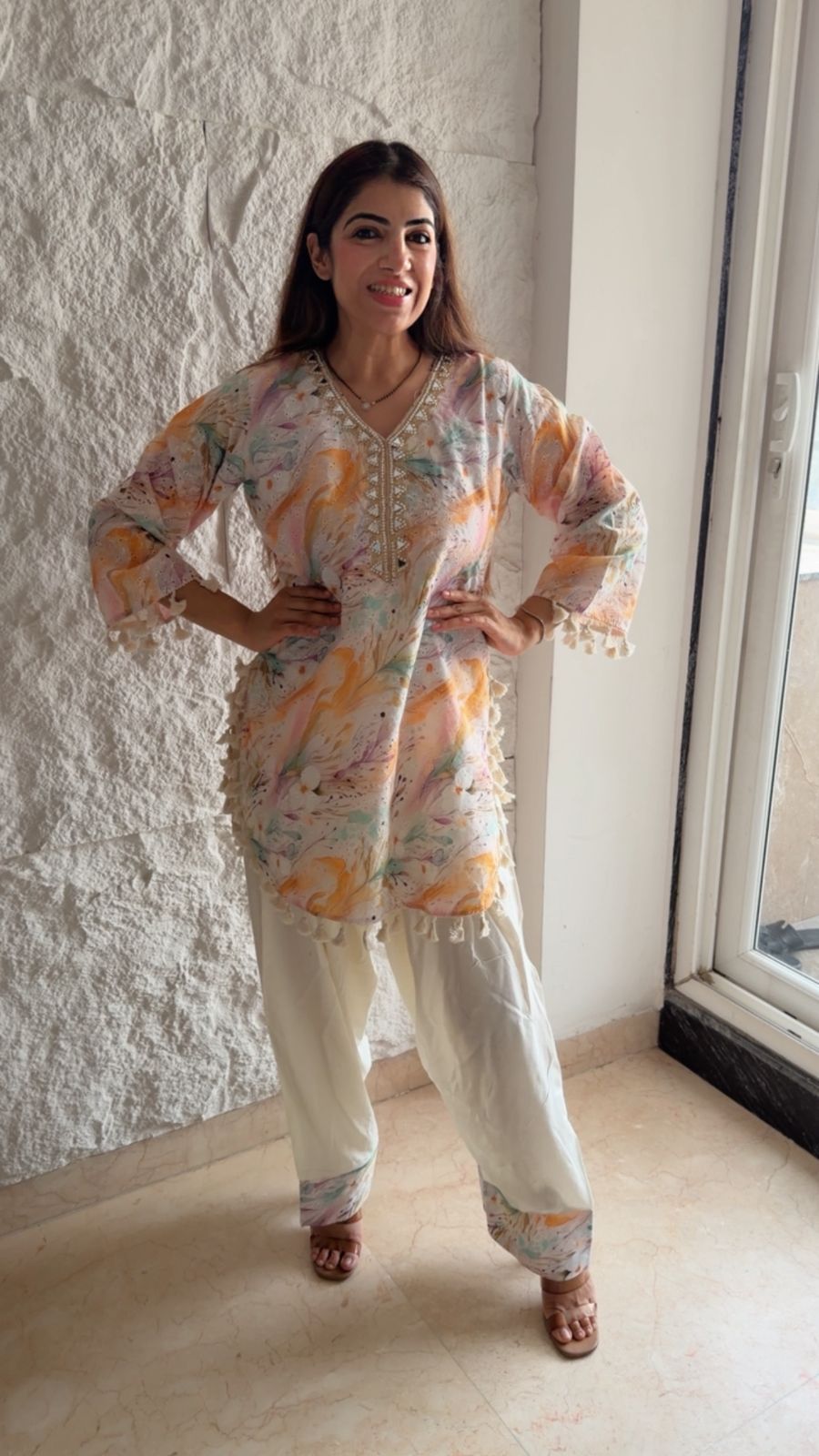Schiffli cottom shirt with rayon cotton farshi salwar set