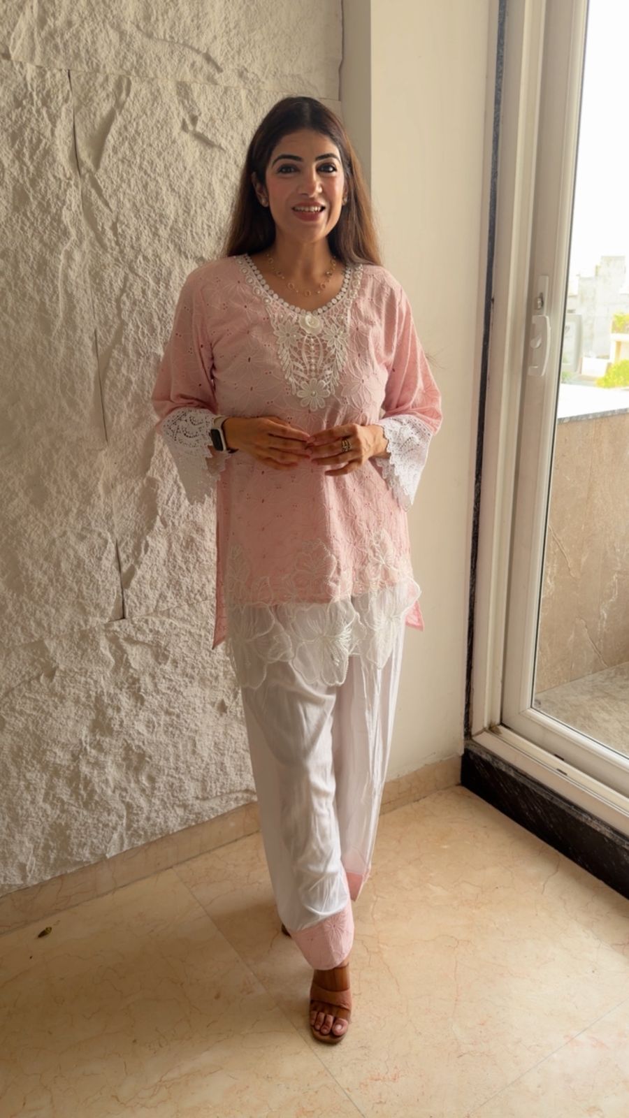 Schiffli cotton farshi set with flower motifs