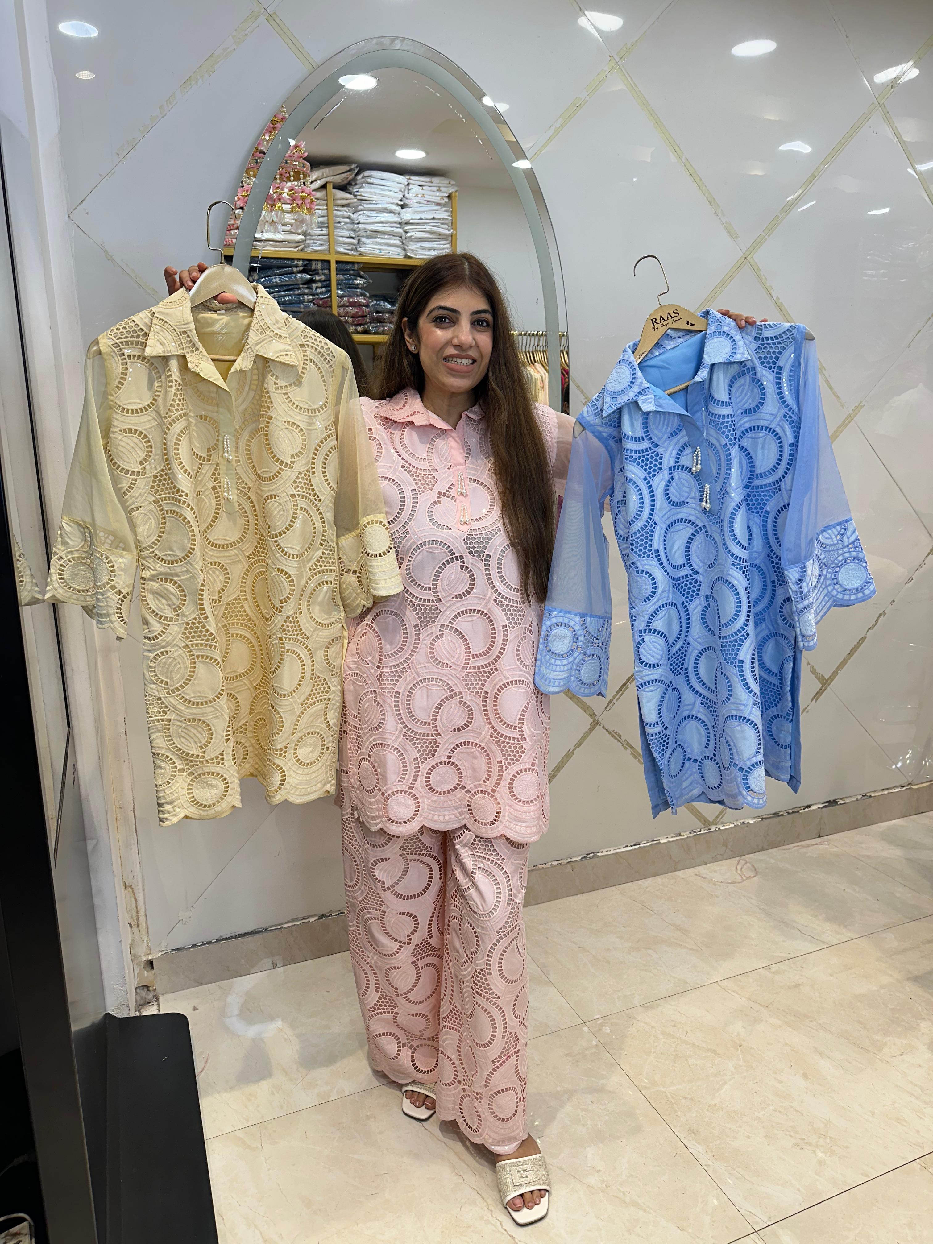 Imported fabric two pc co-ord set with organza sleeves with plazo inside pure cotton lining