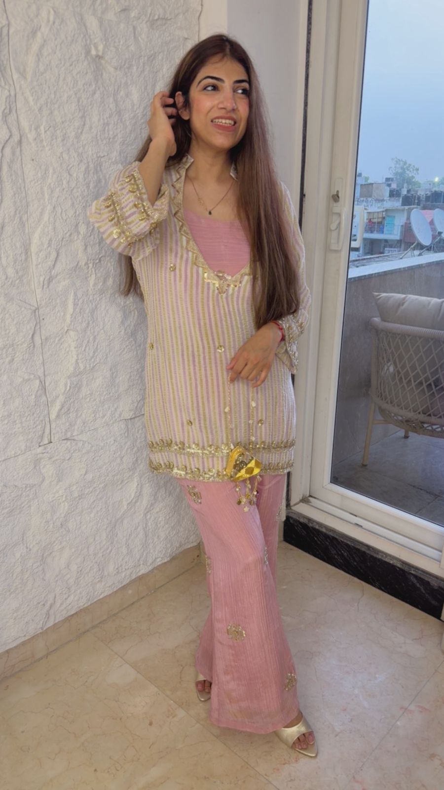 Chinon 3 pc set with handwork on shirt with crushed bell bottom pants with small highlighted work