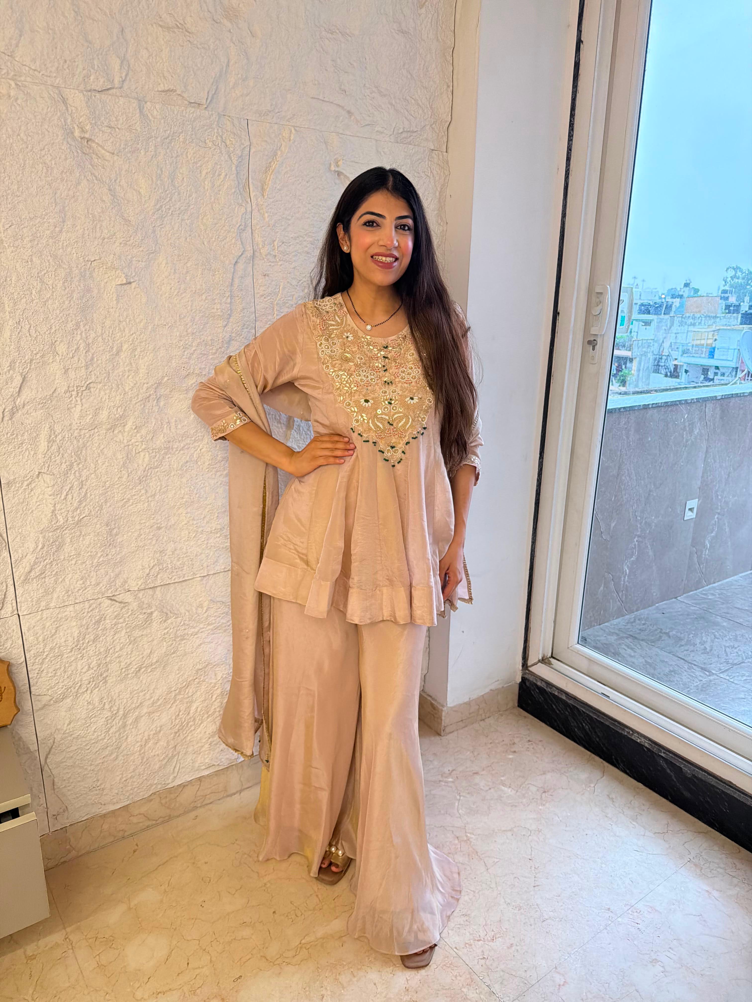 Pure shimmer tissue, peplum kurta plazo set with all zardozi work