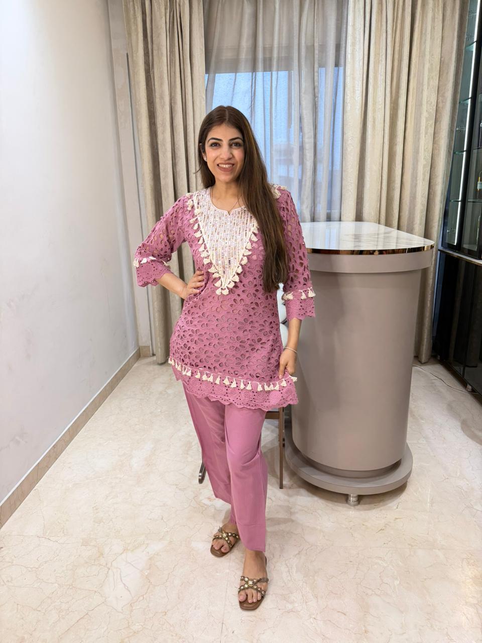 Cotton Shifli designe two pc, co-ord set in neck all handwork nd mirror work
