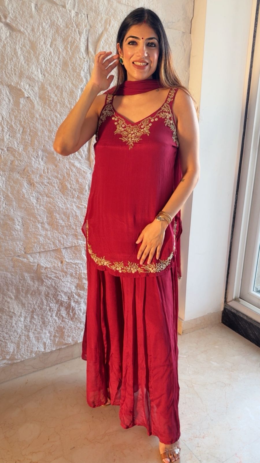 Pure Chinon sharars with apple cut shirt with dupatta and all handwork with sleeves fabric