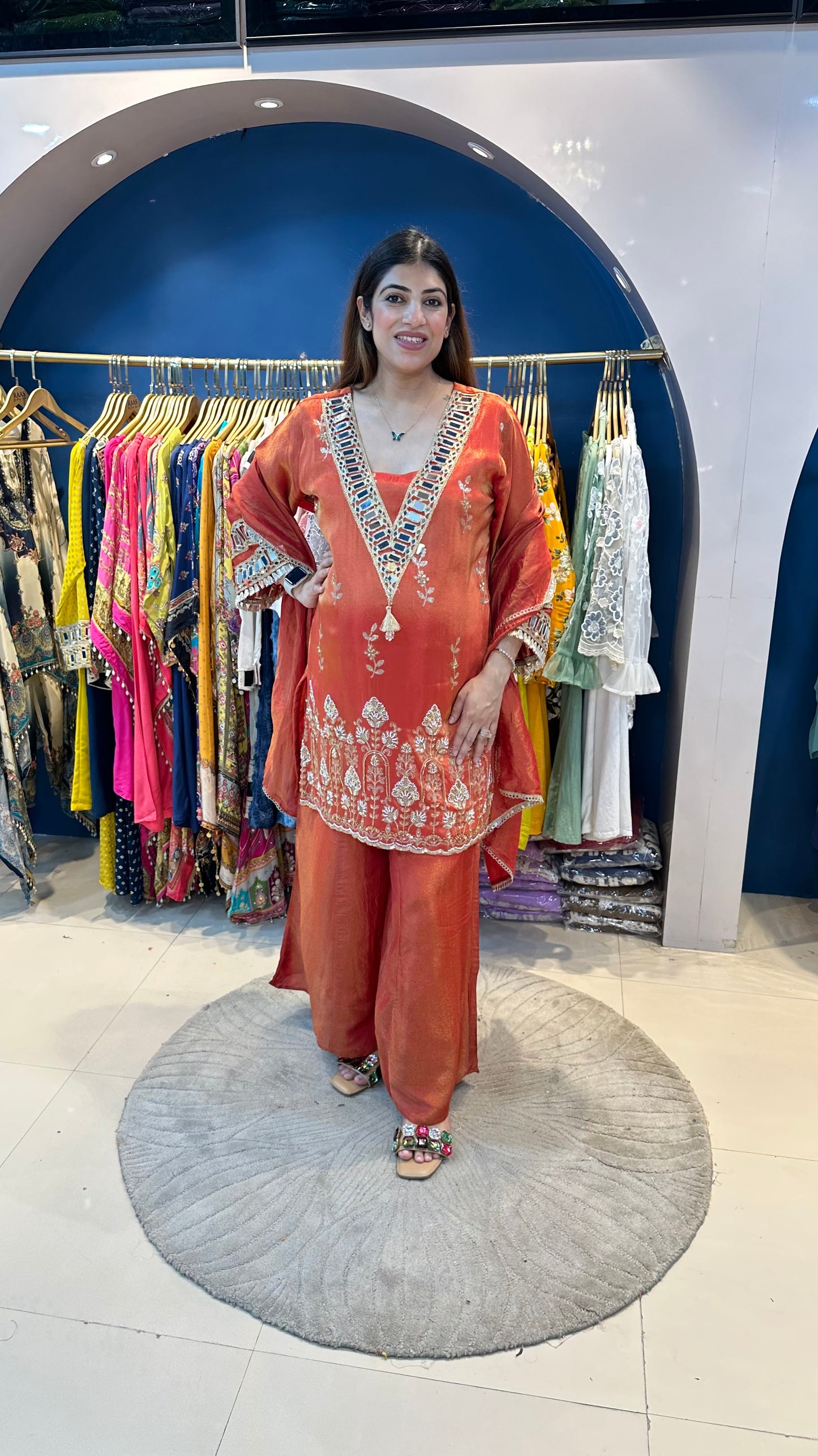 Shimmer tissue partywear 3 pc suit with handwork with mirror detailing on neck & sleeves