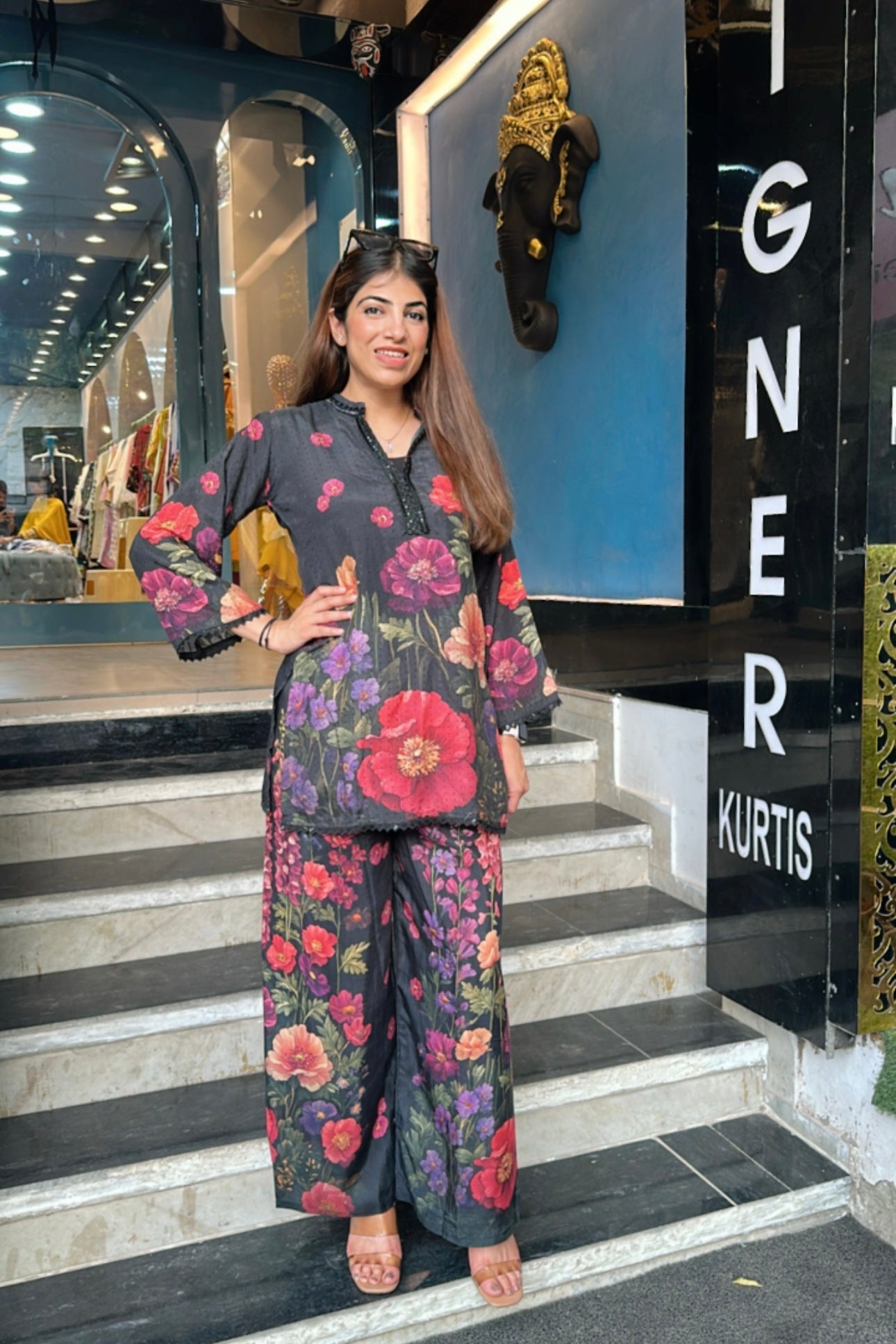 3pc Partywear Flower Co-ord Set With Short Inner