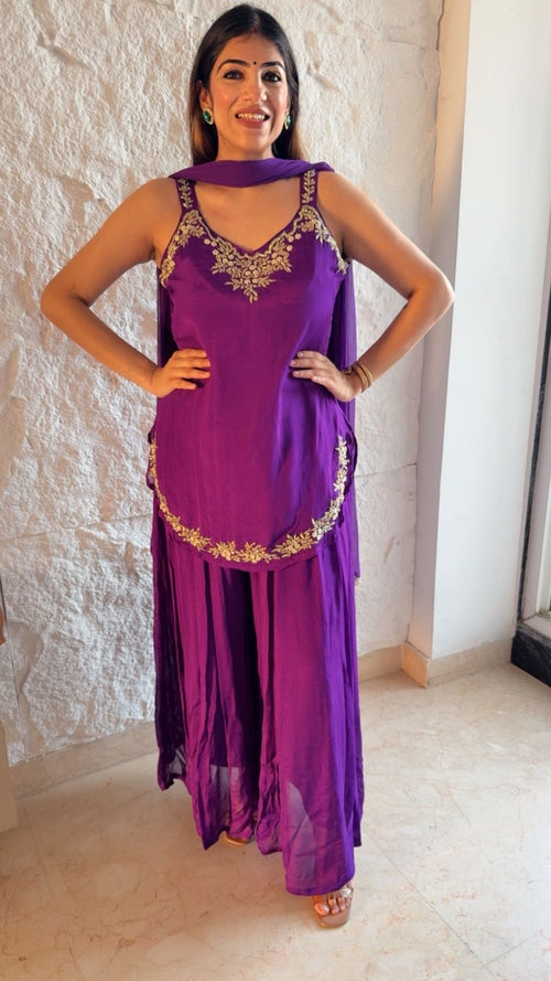 Pure Chinon sharars with apple cut shirt with dupatta and all handwork with sleeves fabric