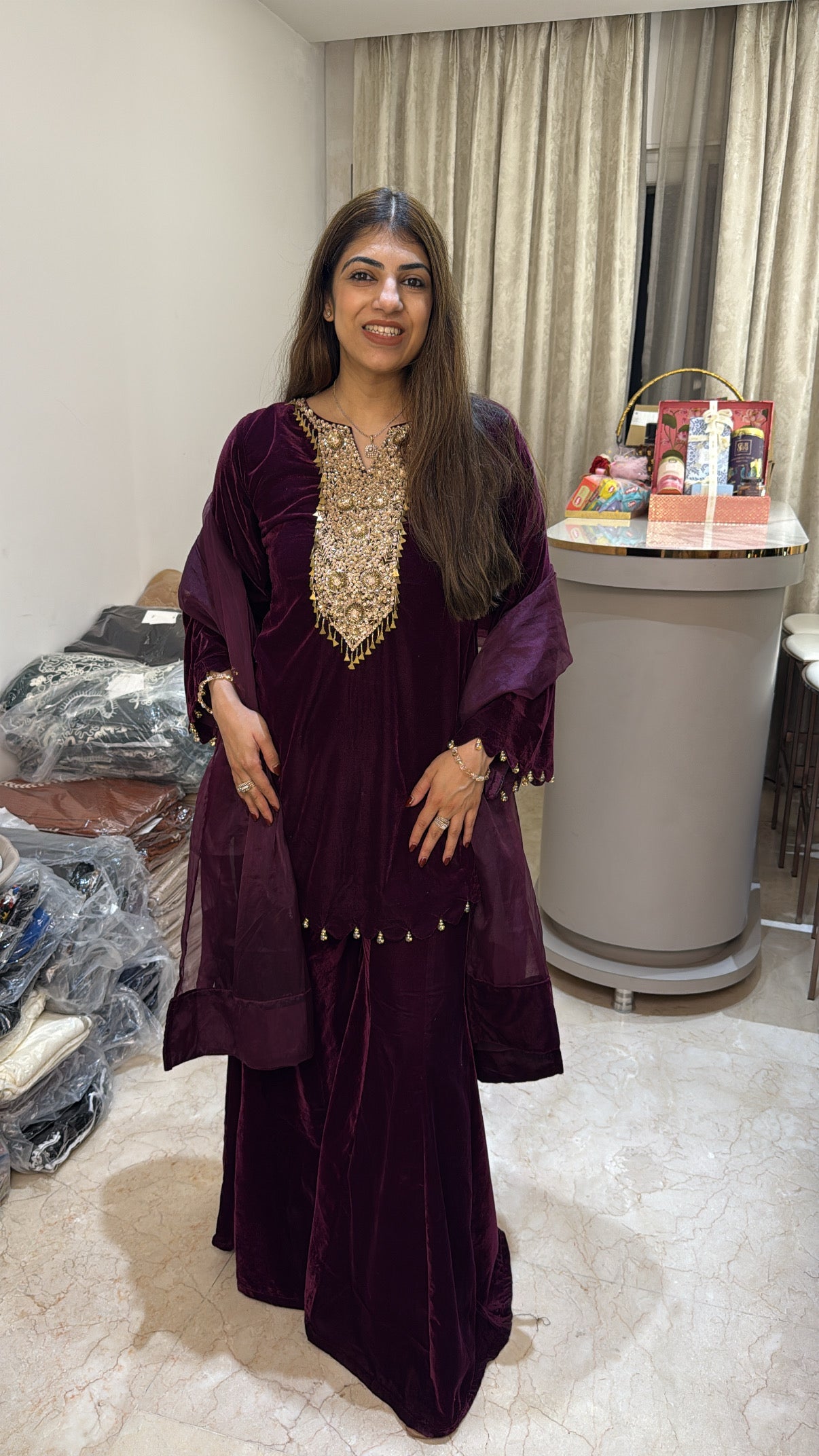 Valvet partywear 3 pc suit neck design all handwork with divider plazo