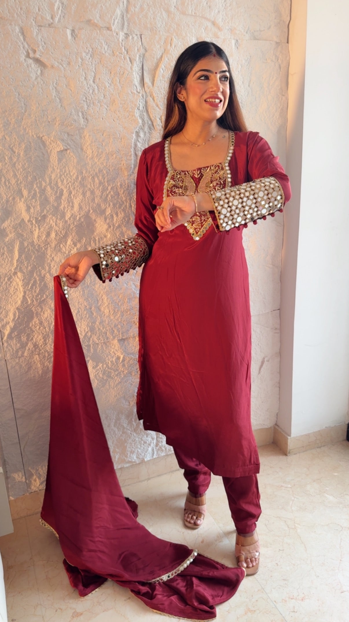 Pure crepe 3 pc suit with complete handwork on neck line and real mirror detailing on sleeves with potli buttons