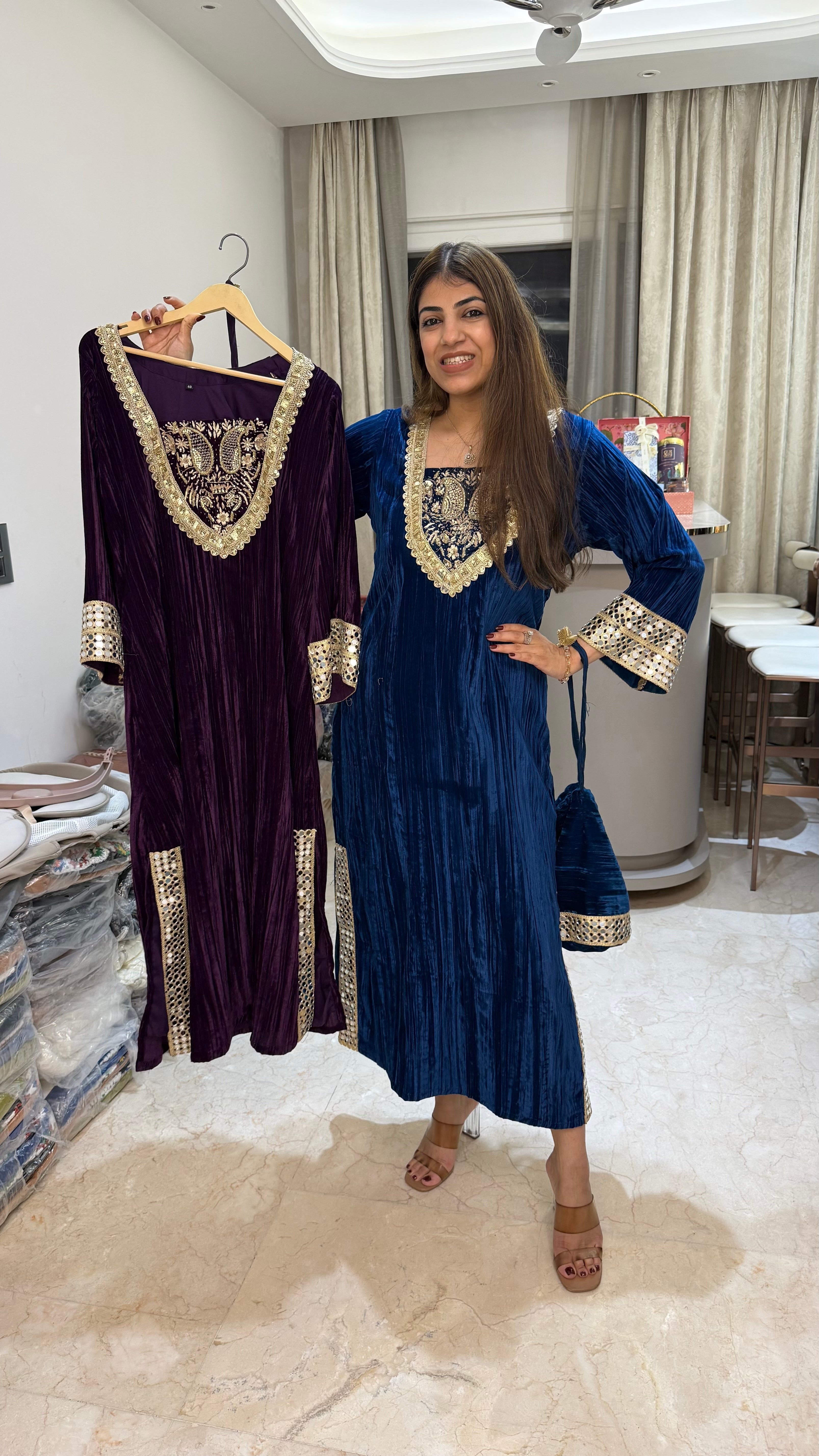 ￼long crushed valvet design side slit cut with potli bag