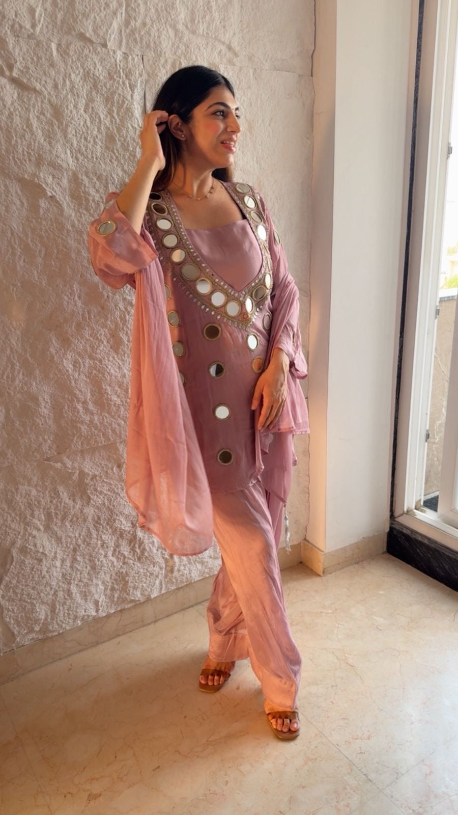 Pure Chinon Farshi salwar 4pc set sepret-inner nd original mirror work