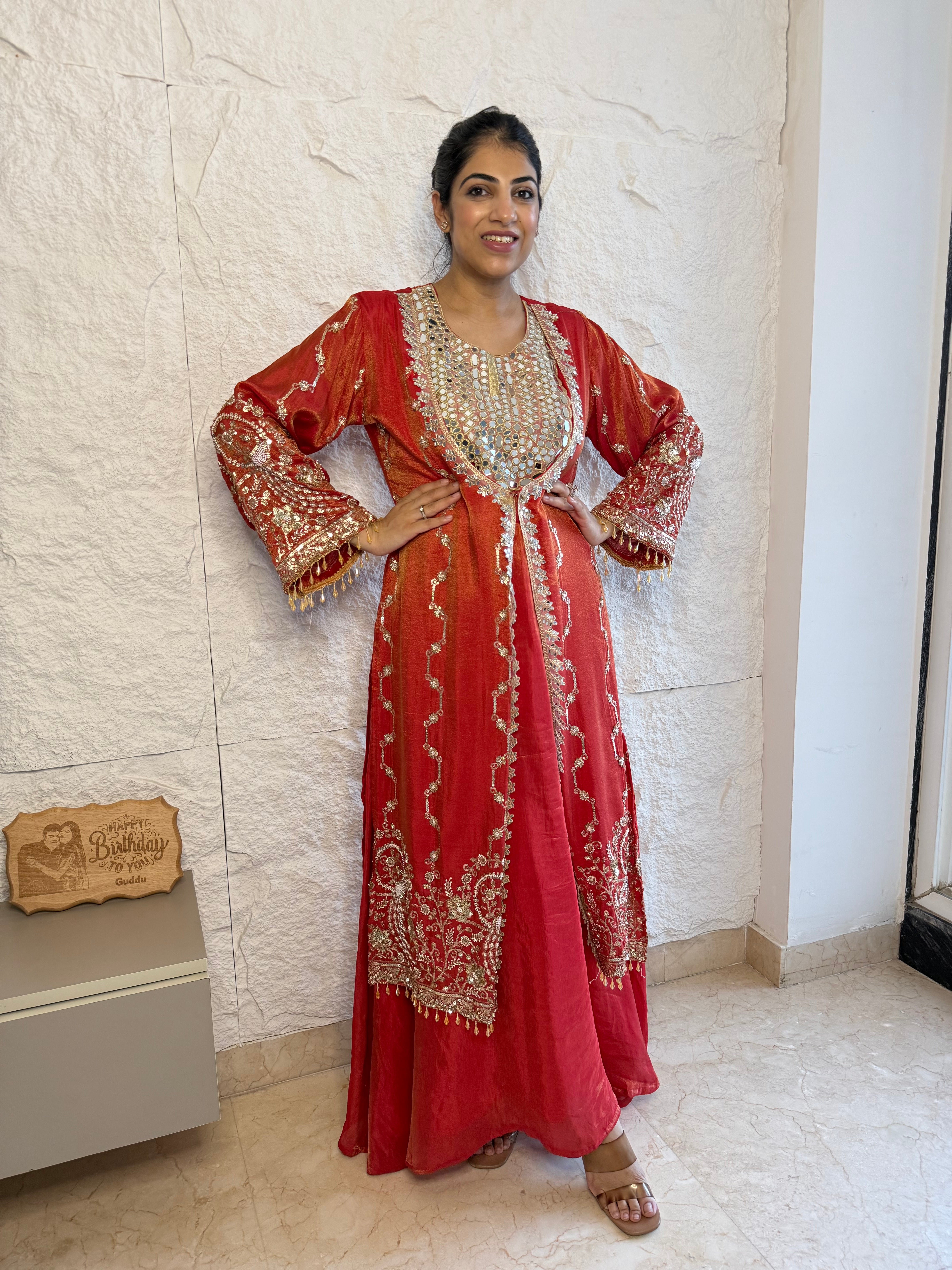 Rust shimmer tissue 2 pc dress with handwork jacket
