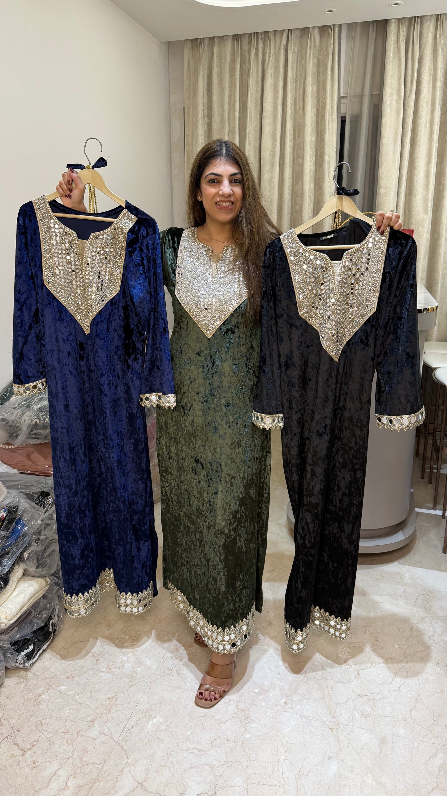 Valvet long dress-side slit cut design with potli bag