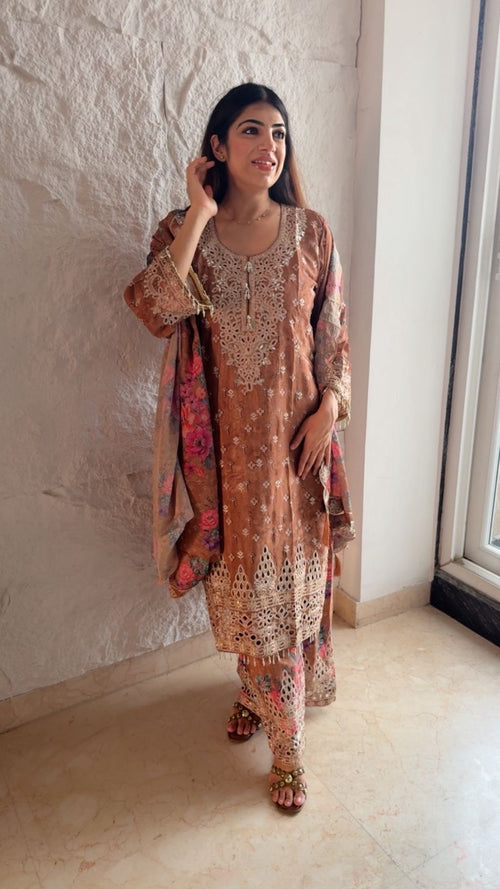 Chinon fabric 3pc plazo set with all cutwork design