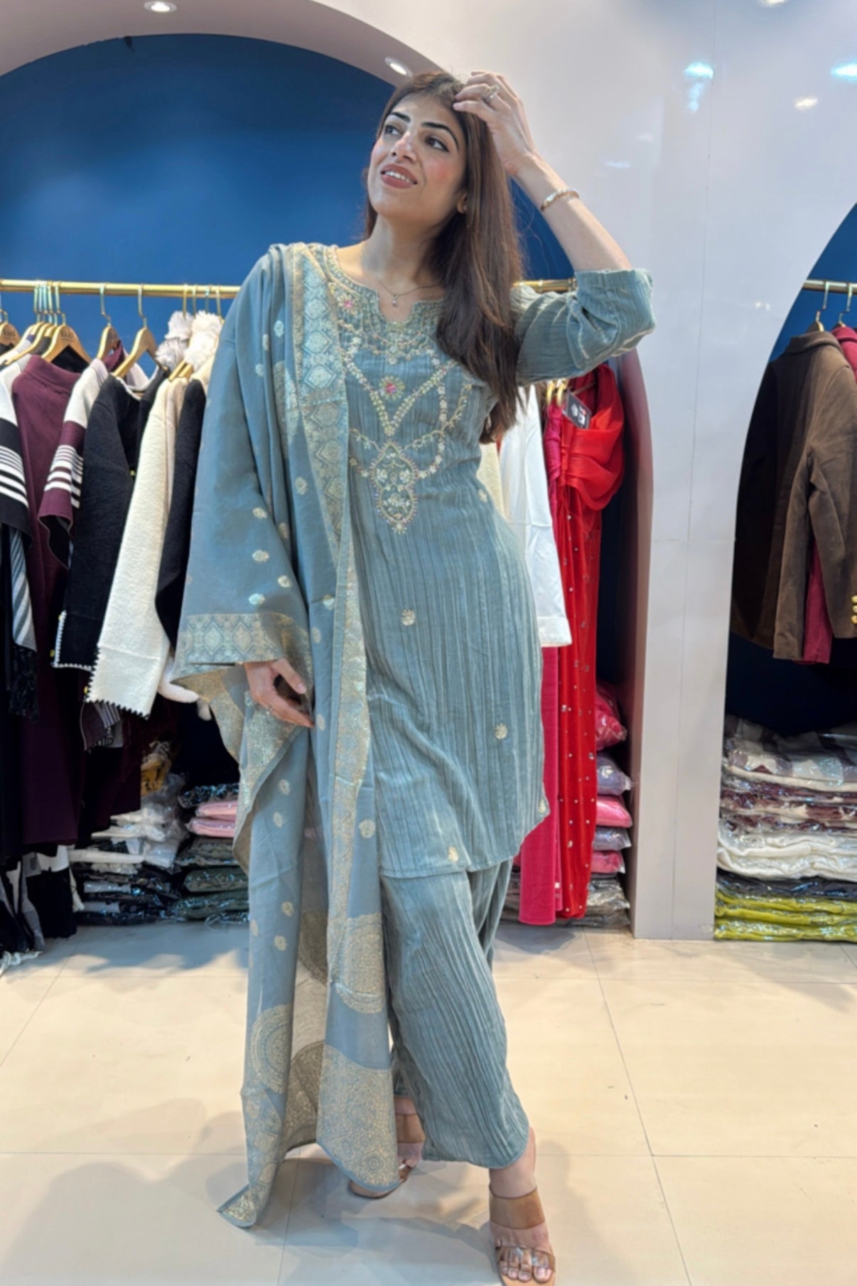 3pc Crushed Velvet Suit With Banarasi Dupatta