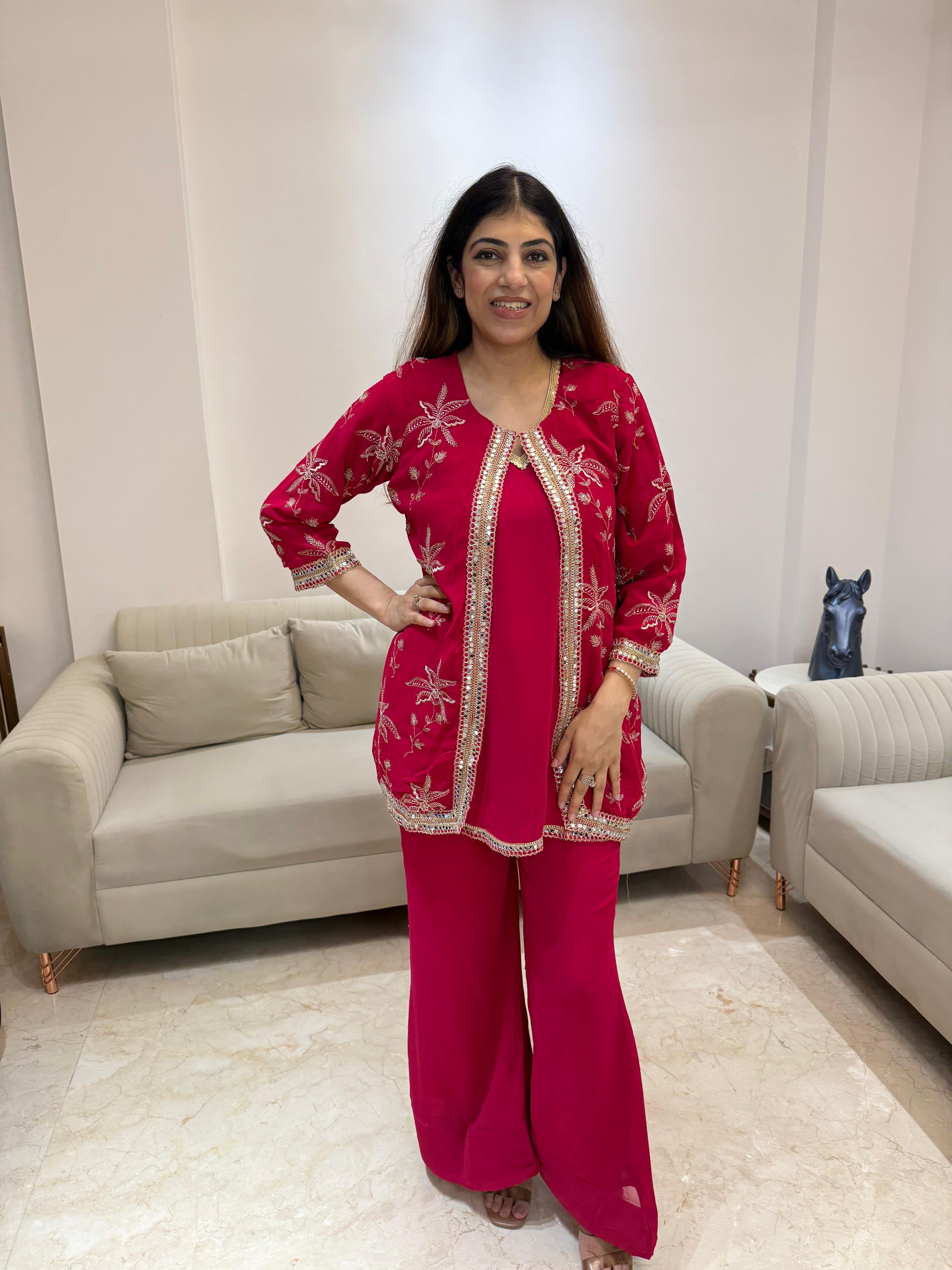 Viscose georgette 3pc set seperate inner with jacket nd plazo