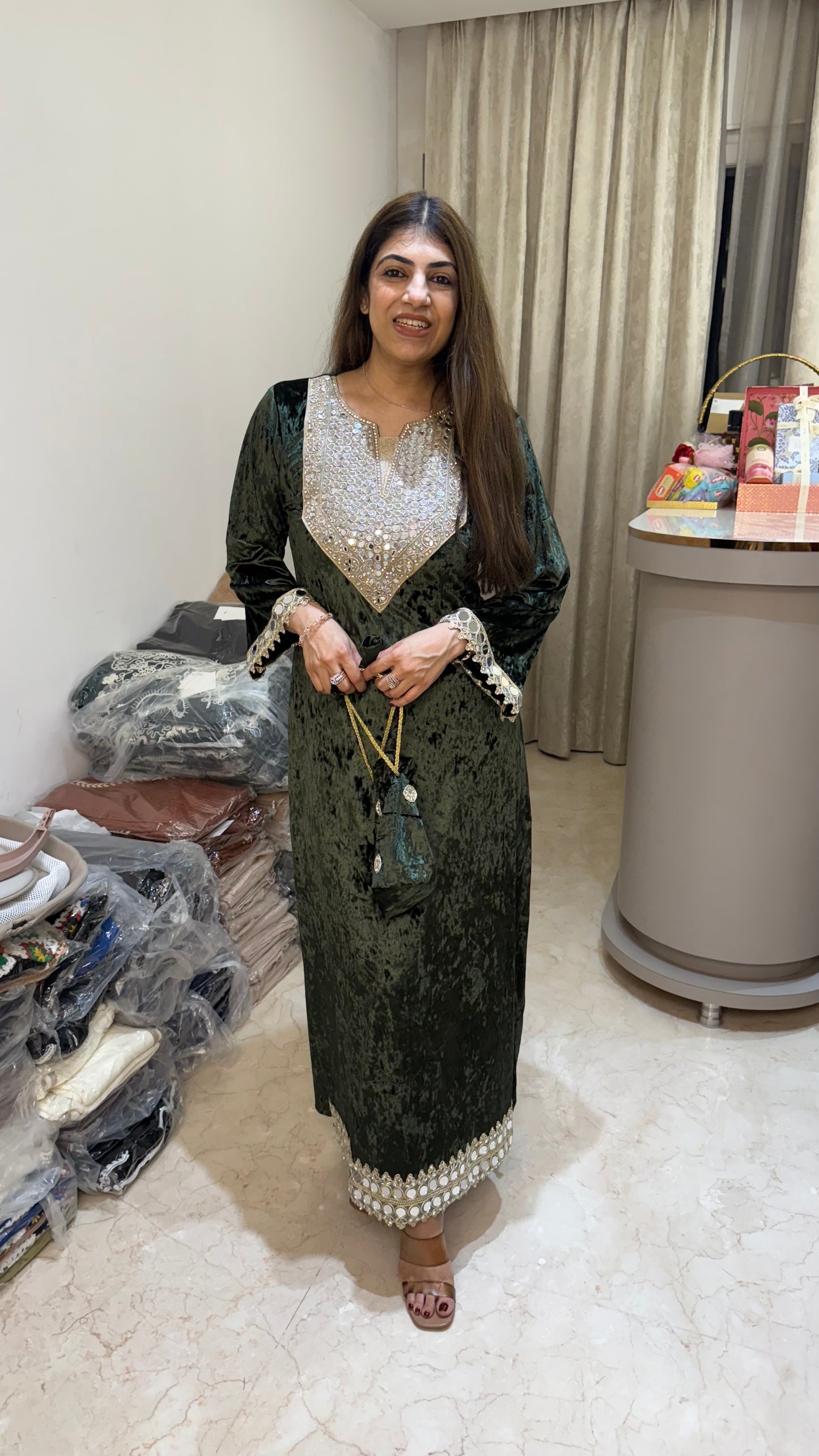 Valvet long dress-side slit cut design with potli bag