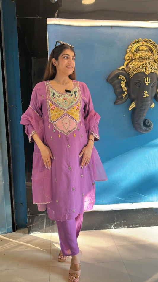 Dola Silk Suit with Handwork Paired with organza Dupatta