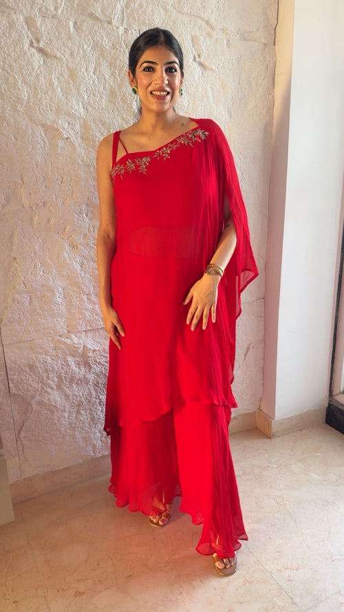 Viscose georgette indo-western 3pc plazo set with handwork