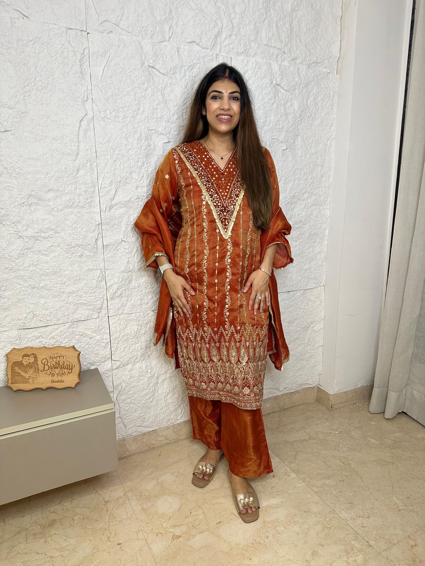 Shimmer tissue embroidered partywear 3pc suit with bell bottom plazo