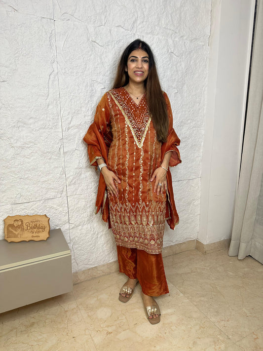 Shimmer tissue embroidered partywear 3pc suit with bell bottom plazo