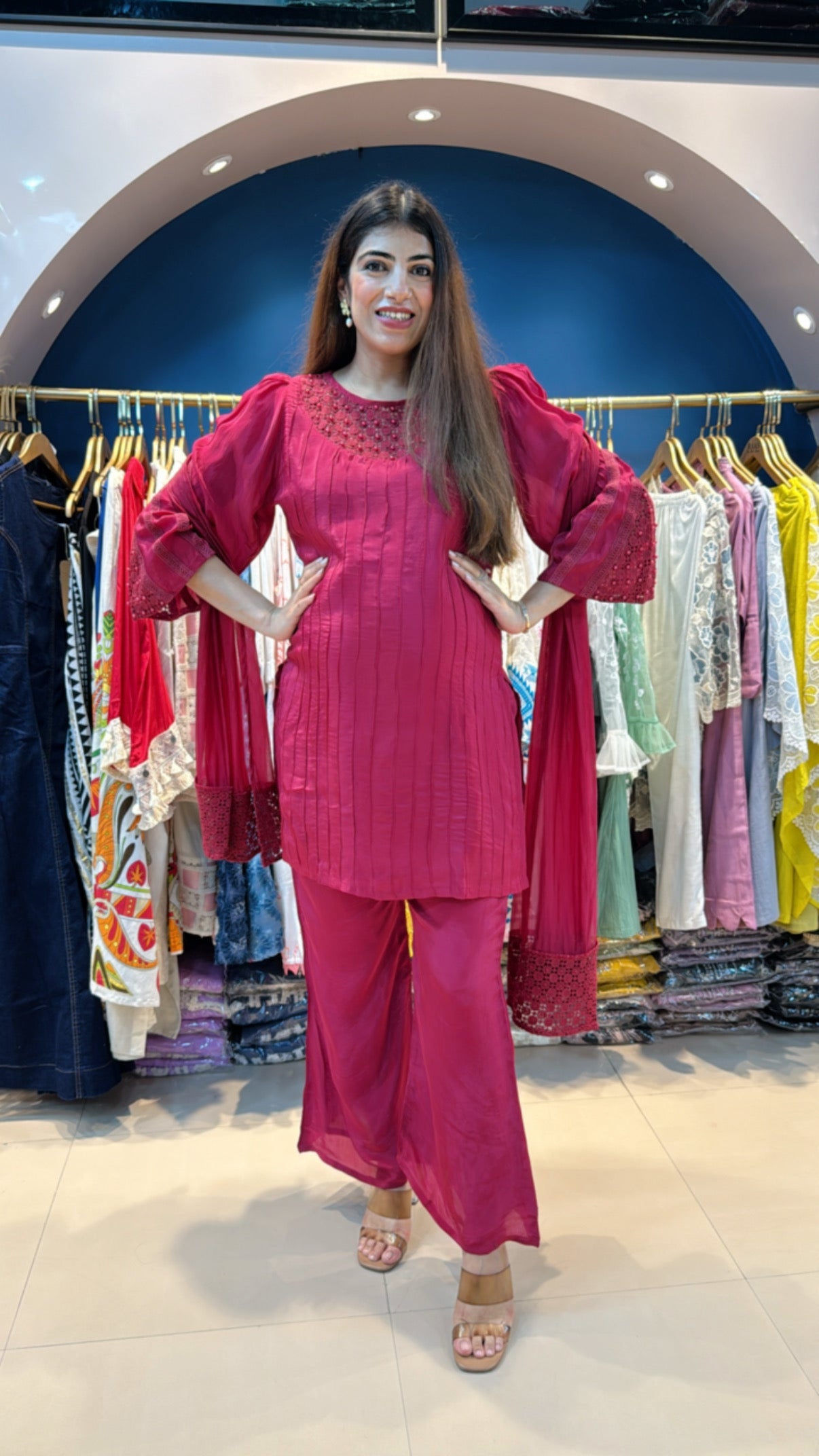 Crepe 3 pc crochet detailing suit with bell bottom pants