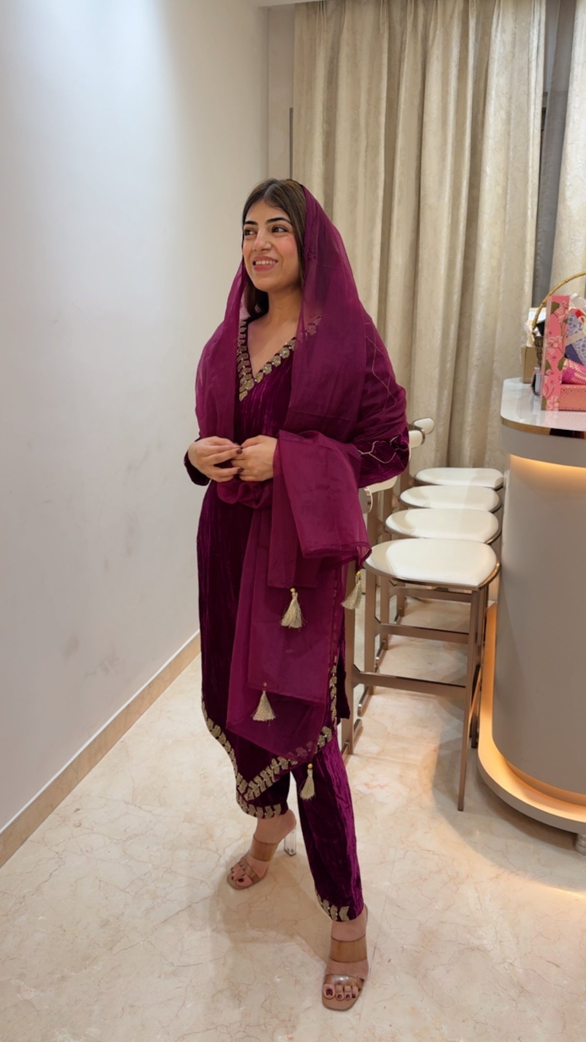 Imported-crushed valvet 3pc suit all handwork with organza dupatta