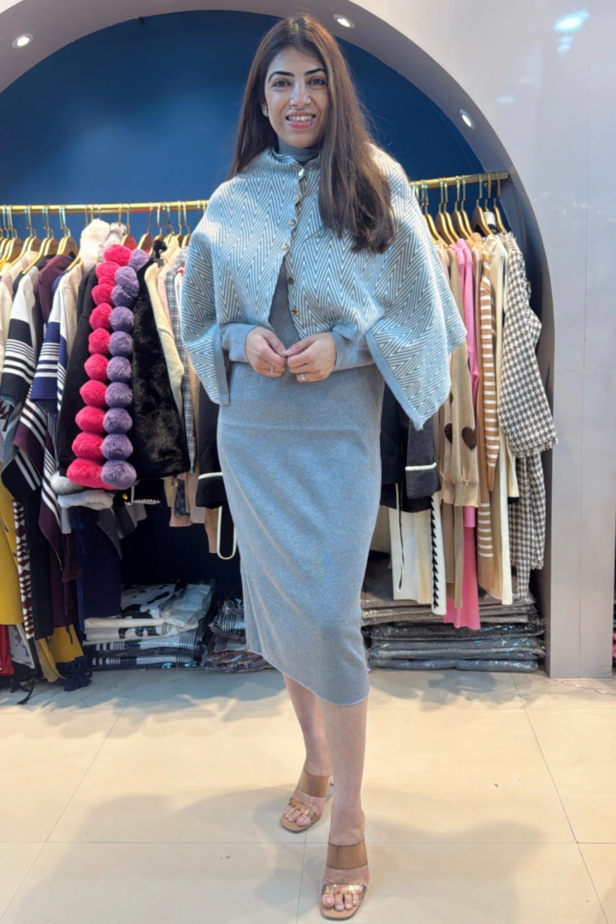 One Piece Woolen Dress With Woolen Cape