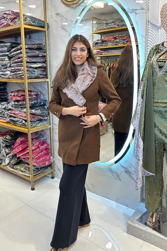 Woolen Coat With Fur On Collar