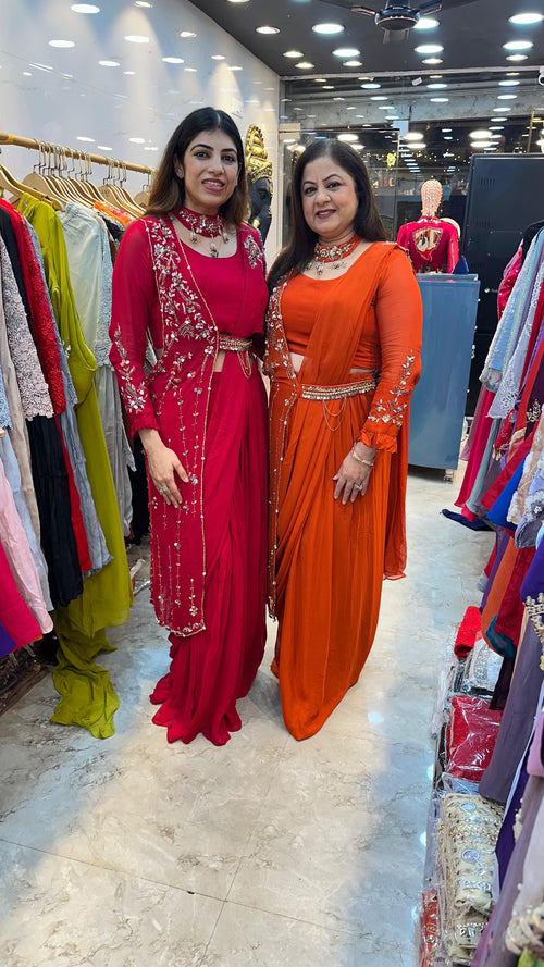 Viscose georgette ready to wear saree with detechable cap nd neck pc