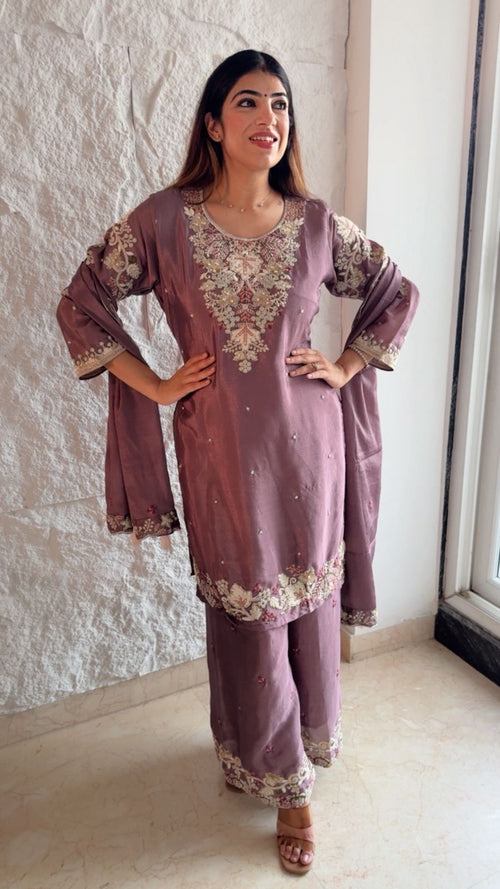 Tissue 3pc partywear set with plazo  all embroidery nd handwork