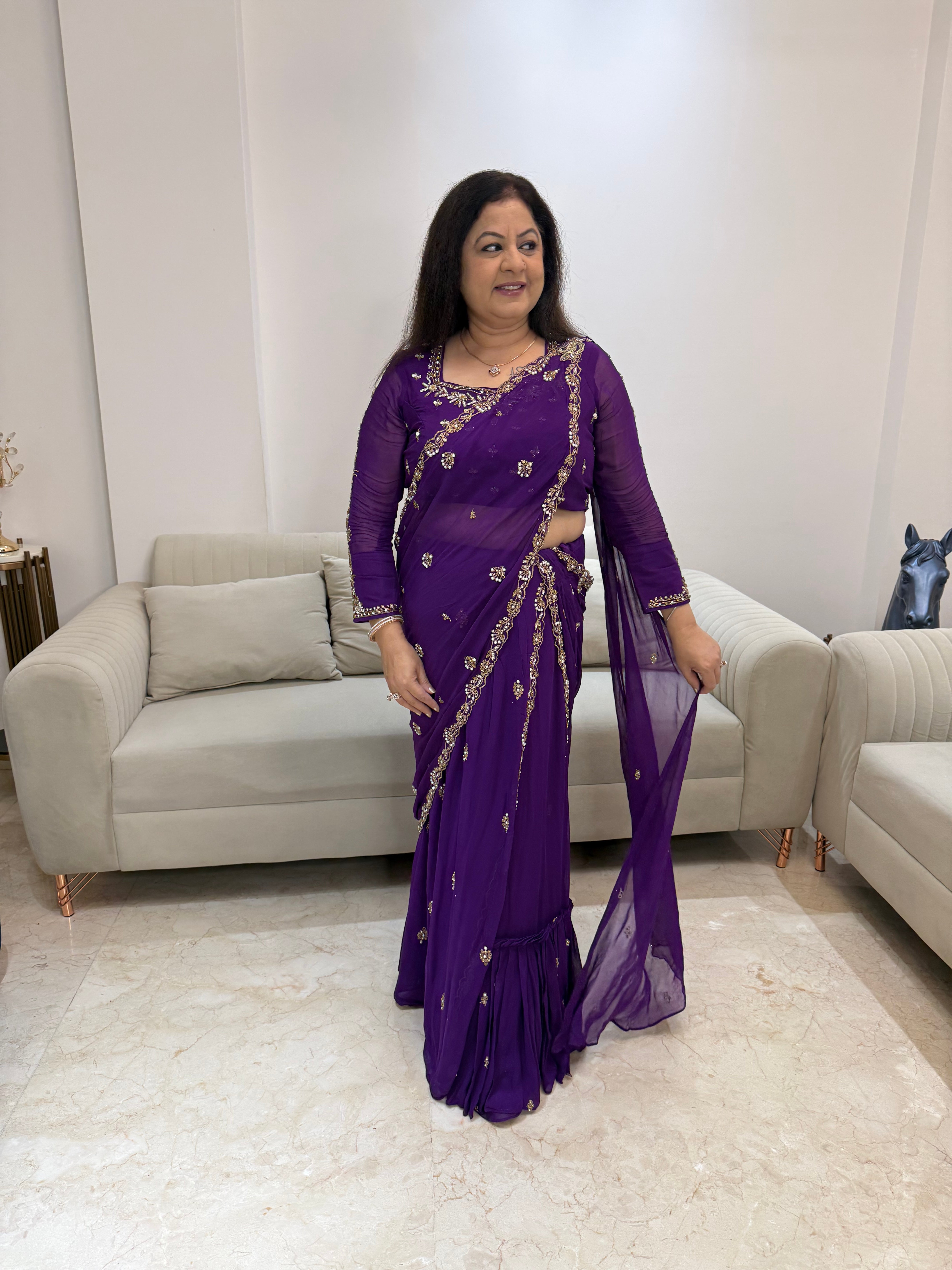 Viscose georgette Drap sarees full handwork skirt with detachable dupatta