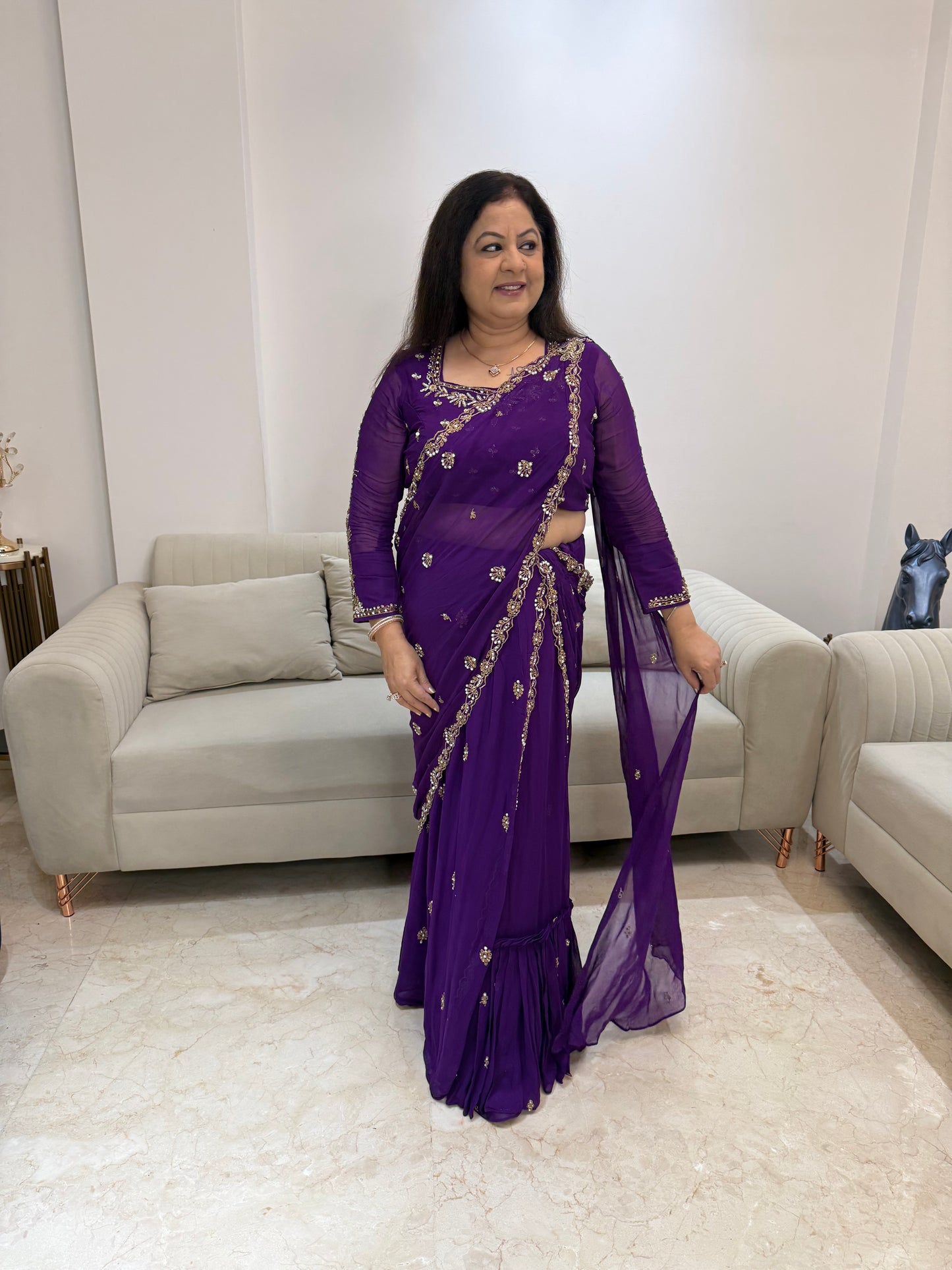 Viscose georgette Drap sarees full handwork skirt with detachable dupatta