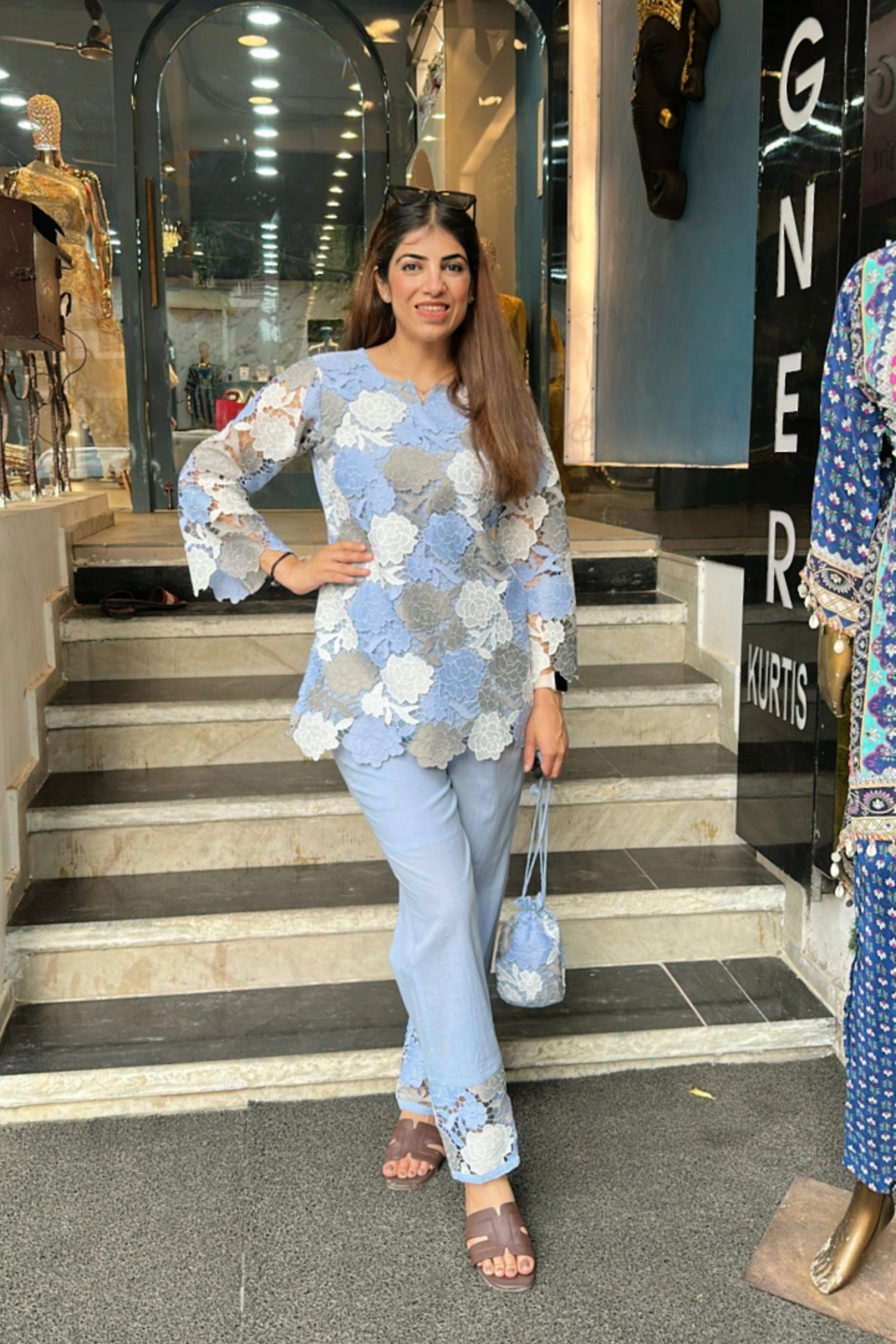 2pc Schiffli Cotton Co-ord Set With Potli
