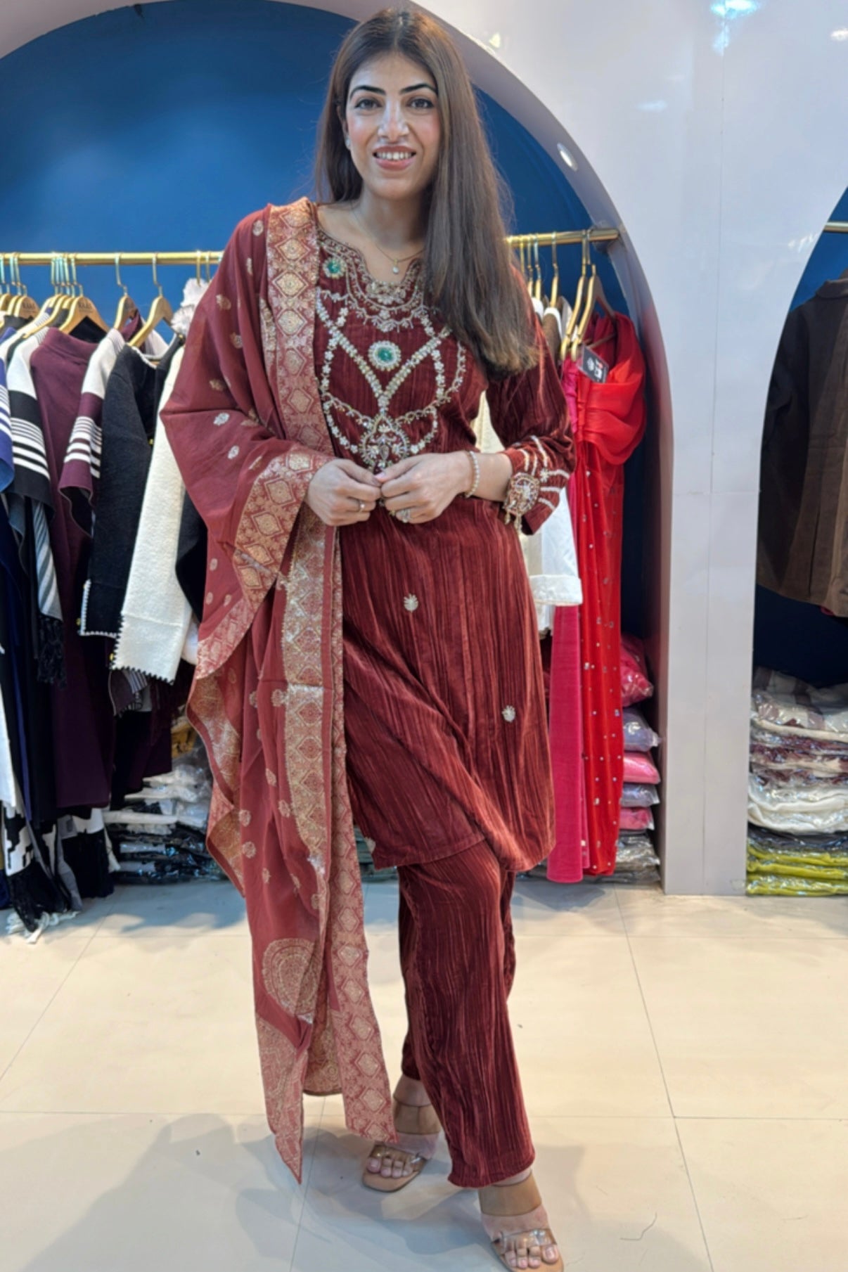 3pc Crushed Velvet Suit With Banarasi Dupatta