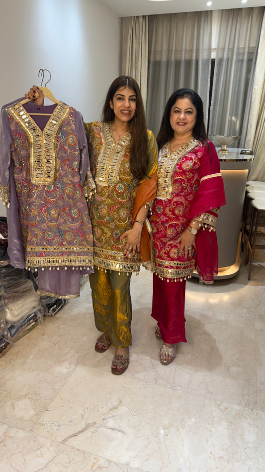 Glass tissue fabric 3pc partywear set with bell bottom nd organza dupatta