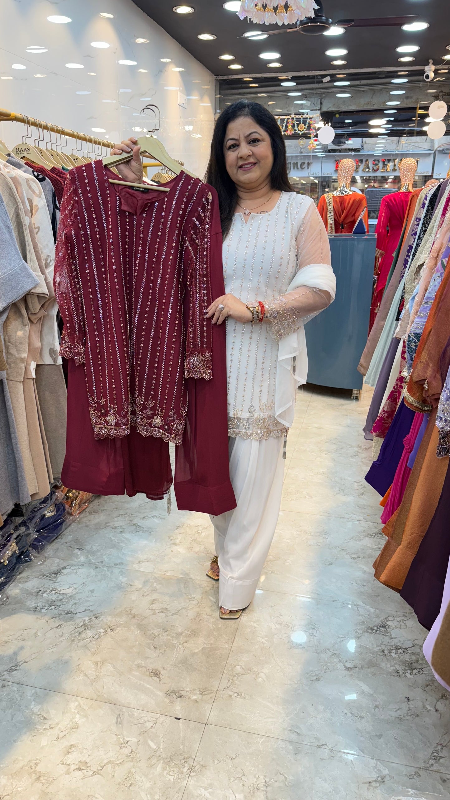 Viscose georgette 3pc partywear suit with farshi salwar shirt net fabric on all handwork