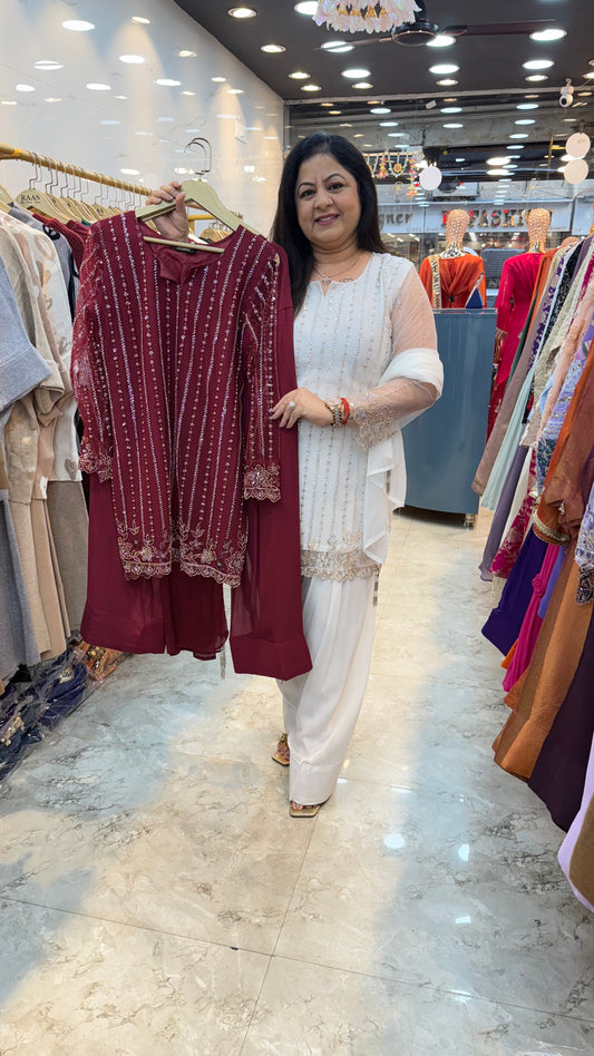 Viscose georgette 3pc partywear suit with farshi salwar shirt net fabric on all handwork