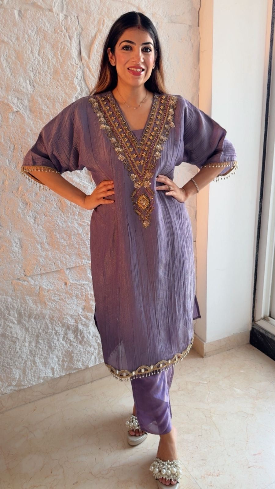 Firan style 2pc set simmar crushed fabric nd v nack handwork designe