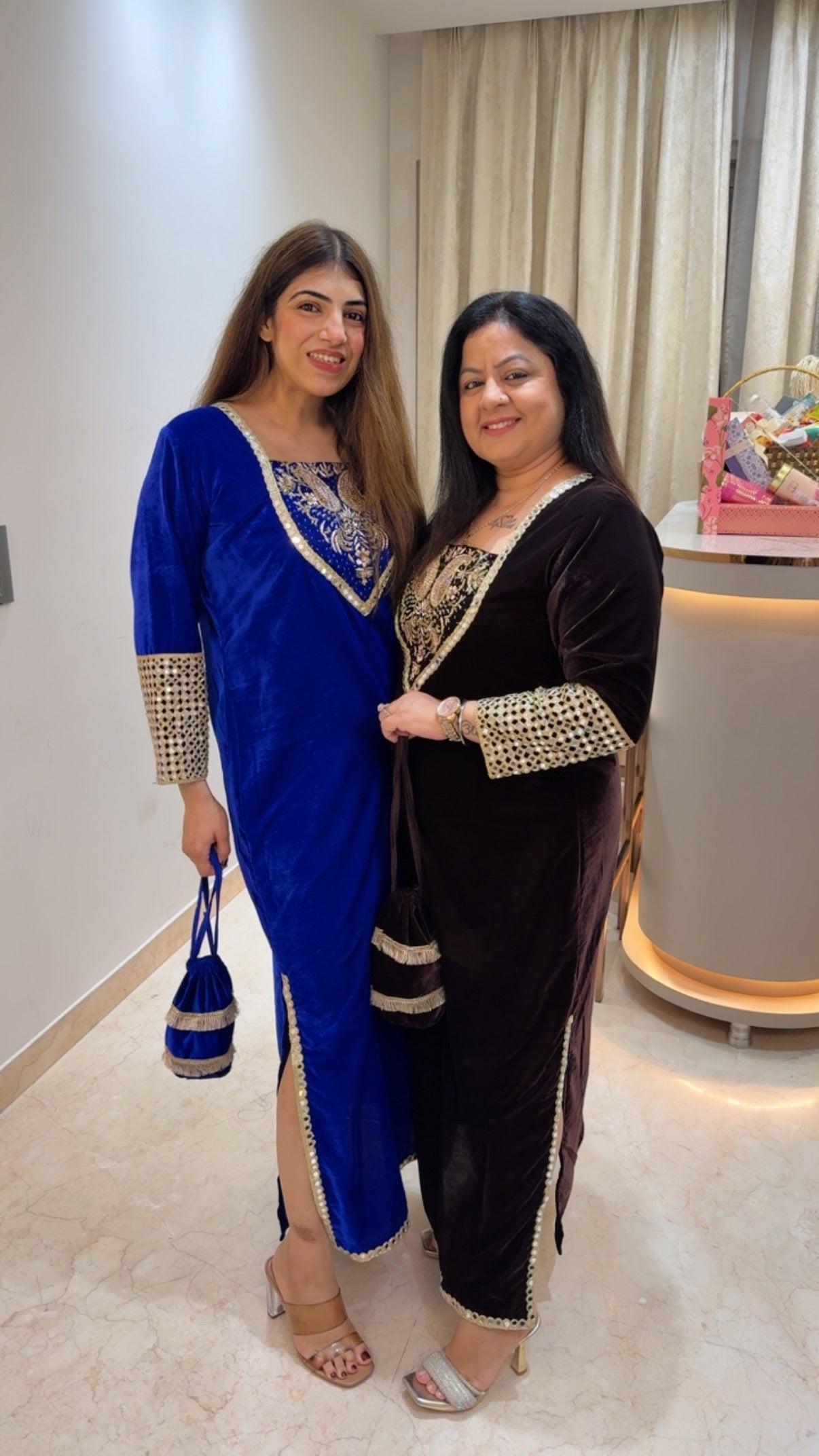 Velvet-2pc set with potli bag- side slit cut with neck design all handwork