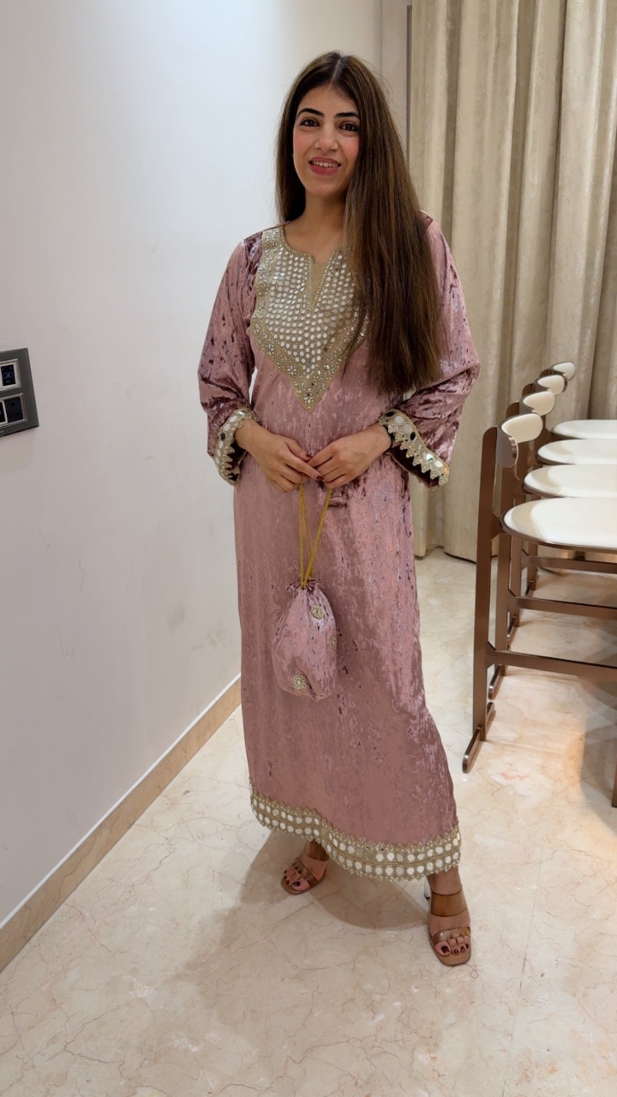 Valvet long dress-side slit cut design with potli bag