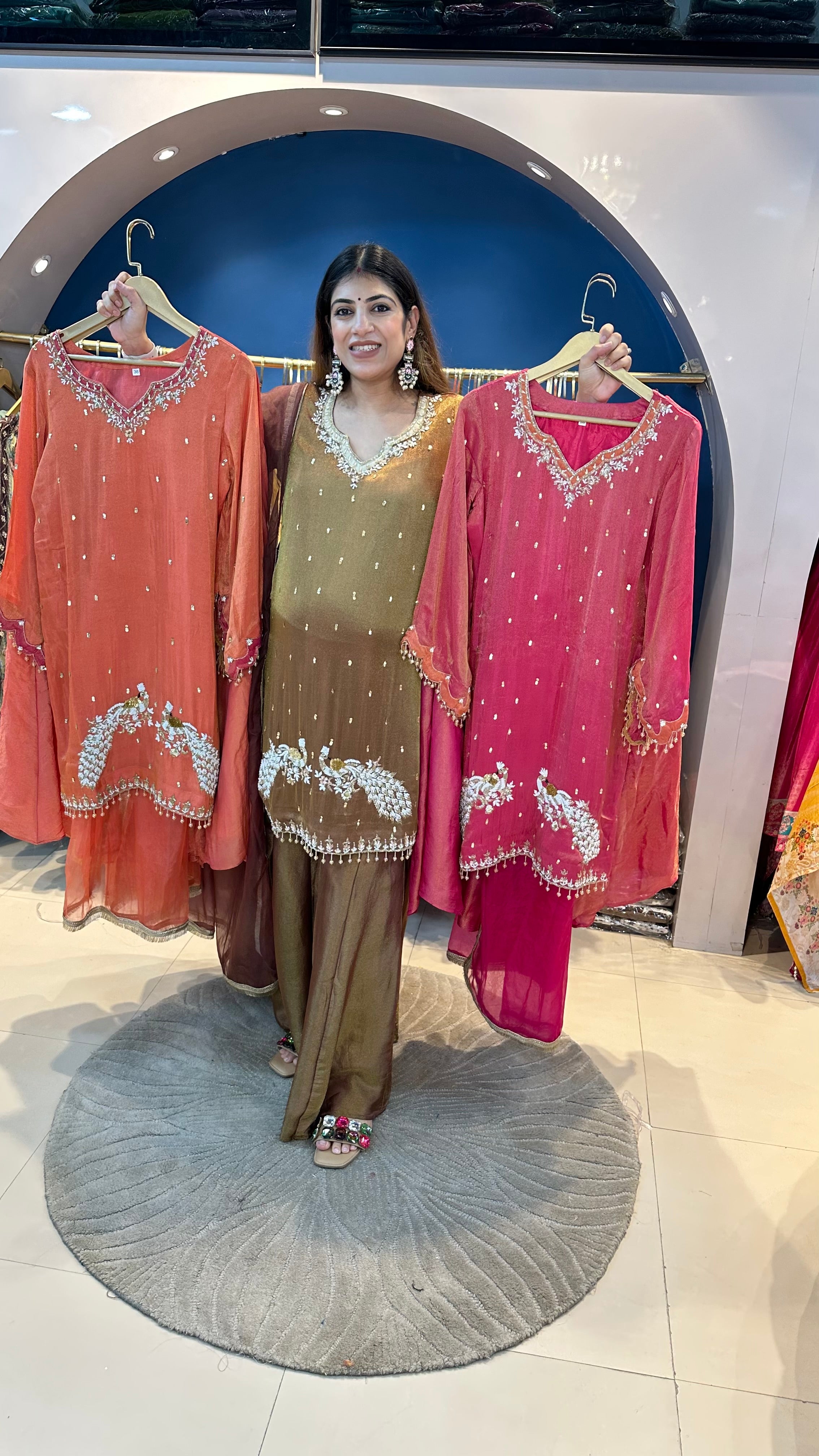 Shimmer tissue 3 pc partywear suit with organza dupatta with complete handwork on shirt with kali palazzo